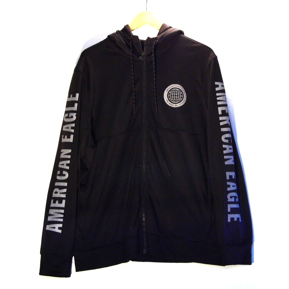 American Eagle Mens Black Full Zip Hoodie Long Sleeve Activewear Logo L 1-00065